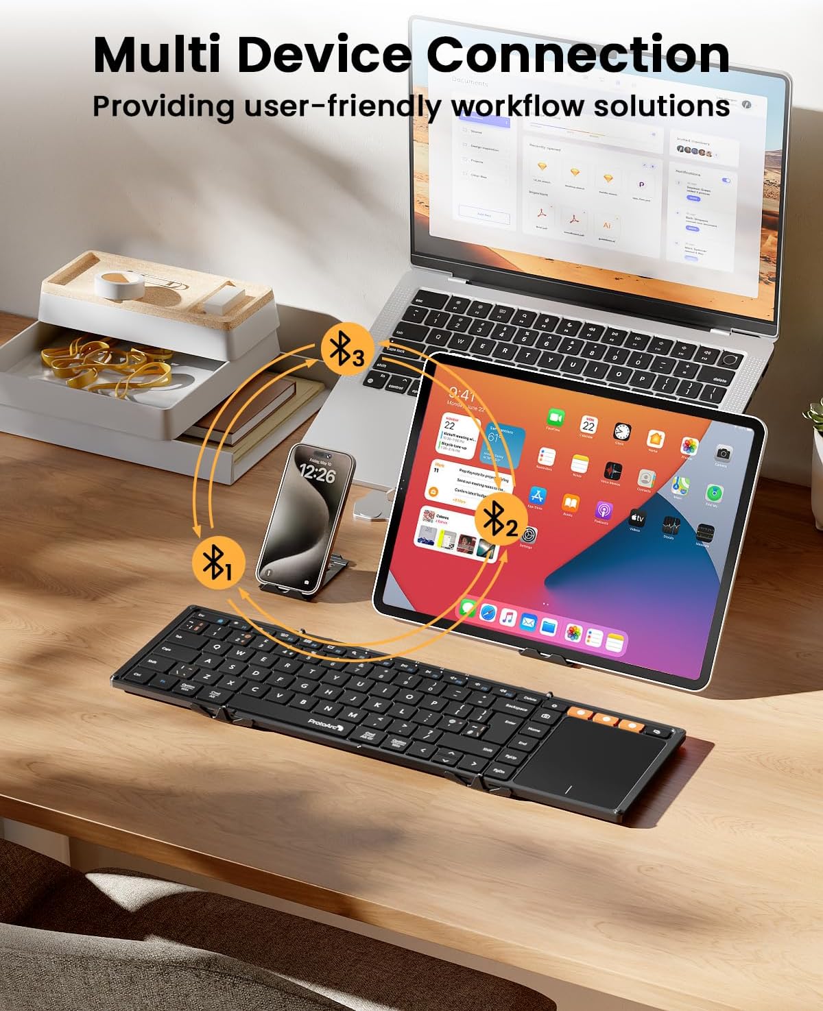 ProtoArc XK01‑TP Foldable Bluetooth Keyboard with Touchpad – Portable Travel Keyboard (Black)