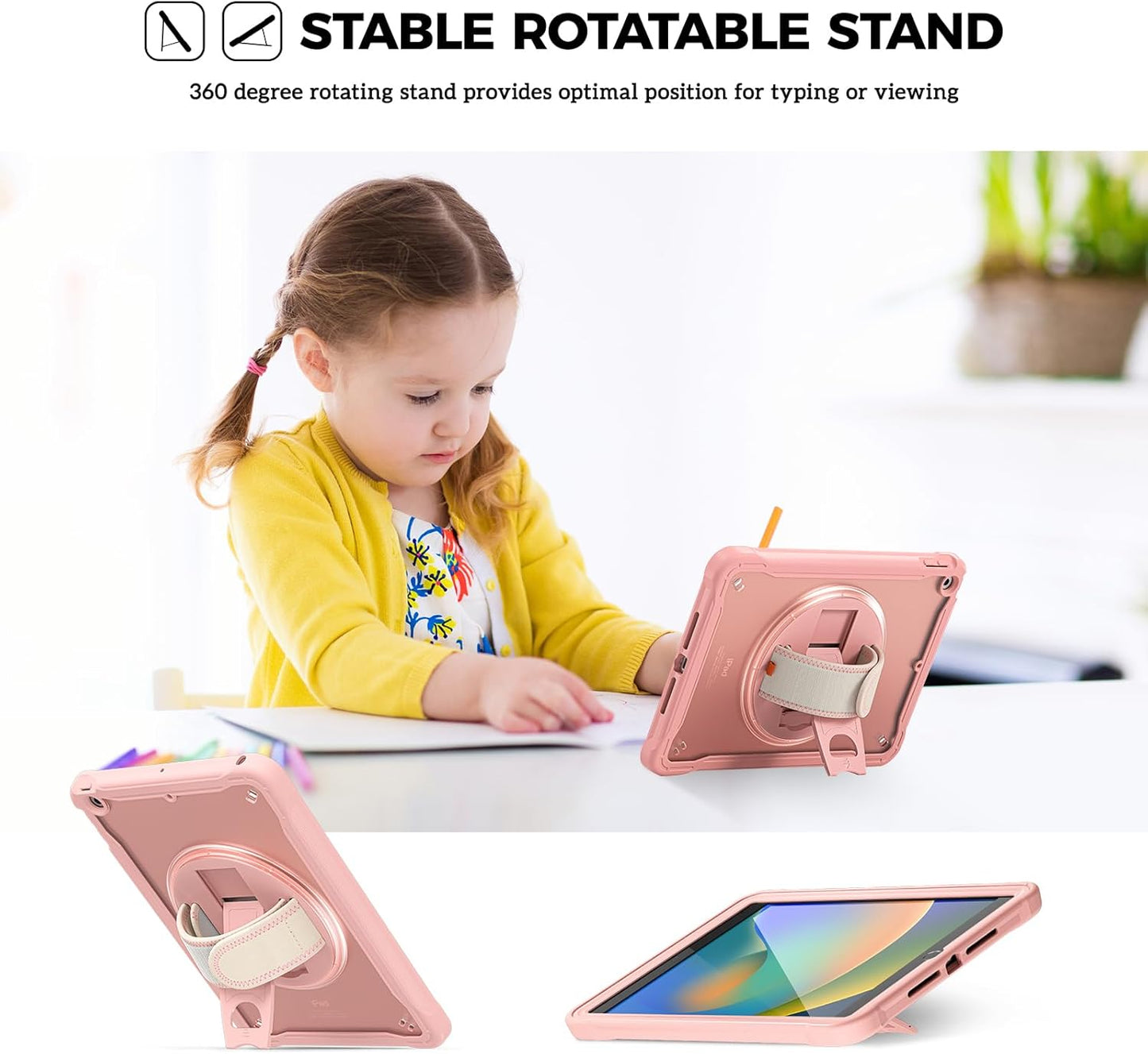 ProCase Rugged iPad Case for 10.2" (9th/8th/7th Gen) – Heavy‑Duty Cover with Hand Strap & Kickstand | Pink | UK