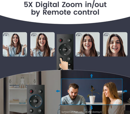 Tongveo AI Tracking 4K Webcam – 5x Zoom, ePTZ, 4 Mics + Speaker, Remote Control (Wide Angle)