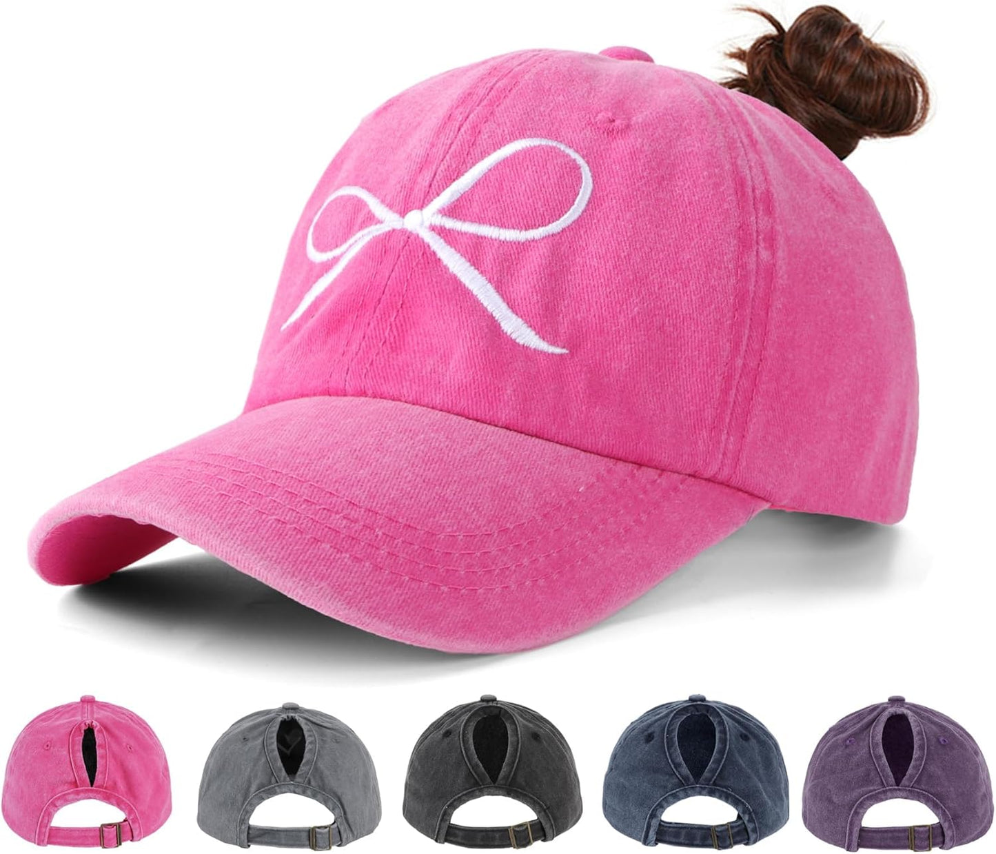 Women's Ponytail Baseball Cap | Vintage Washed Cotton, Adjustable High Bun Hat — Bow & Heart Designs