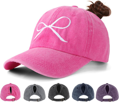 Women's Ponytail Baseball Cap | Vintage Washed Cotton, Adjustable High Bun Hat — Bow & Heart Designs