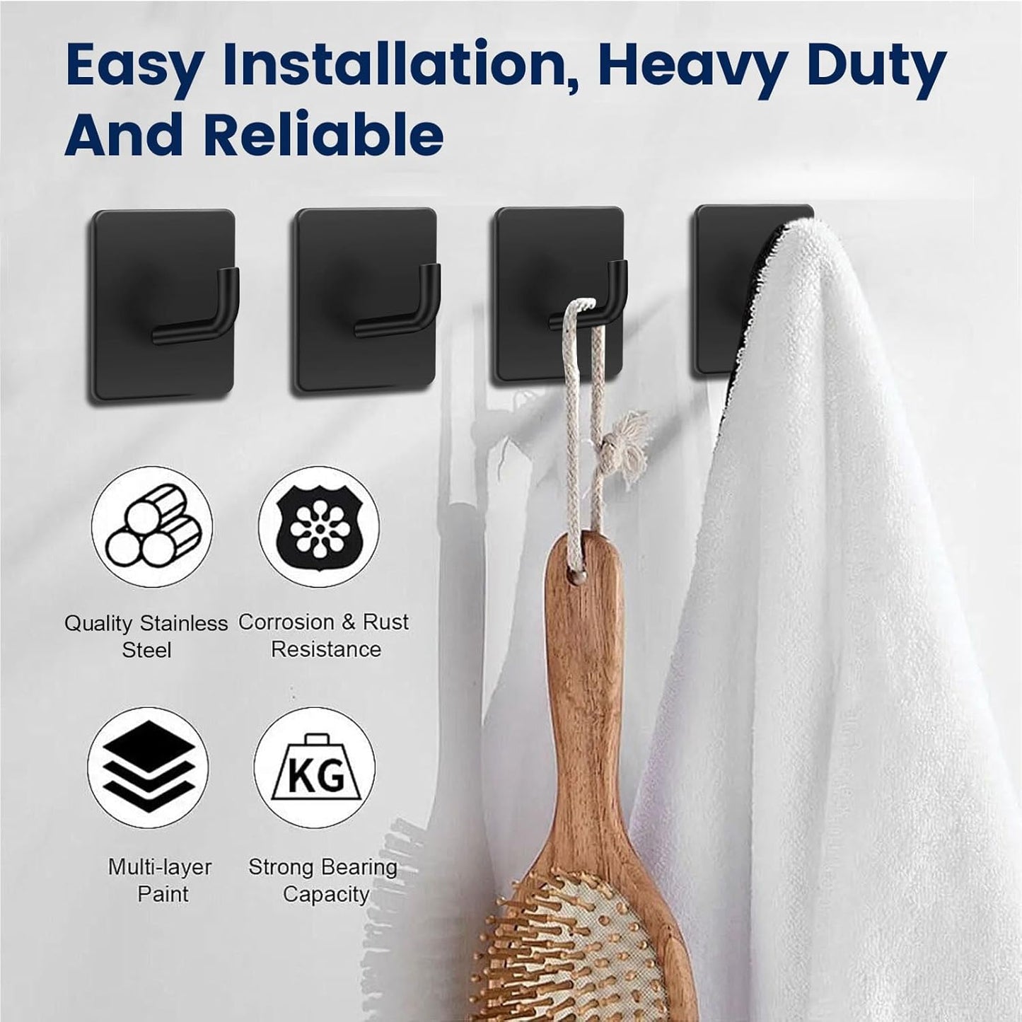 Self‑Adhesive Hooks 4‑Pack – Stainless Steel Stick‑On Wall Hooks, No‑Drill, Black
