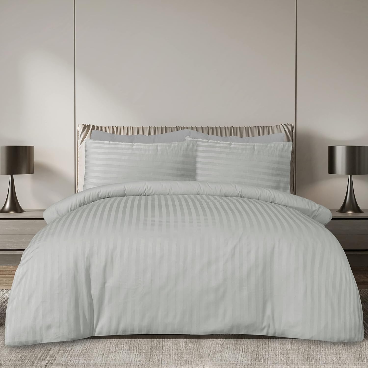 Sleepdown Soft Hotel Quality 225 Thread Count Cotton Satin Stripe Duvet Cover Set with Pillowcases – Super King Size –