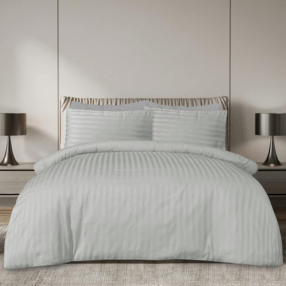 Sleepdown Soft Hotel Quality 225 Thread Count Cotton Satin Stripe Duvet Cover Set with Pillowcases – Super King Size –