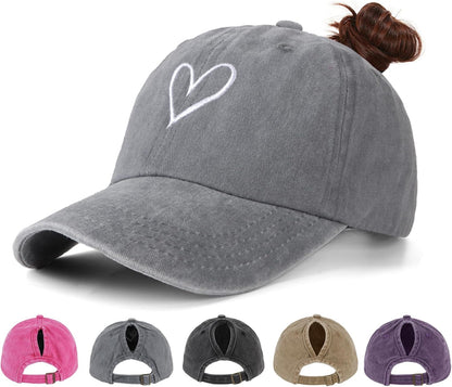 Women's Ponytail Baseball Cap | Vintage Washed Cotton, Adjustable High Bun Hat — Bow & Heart Designs