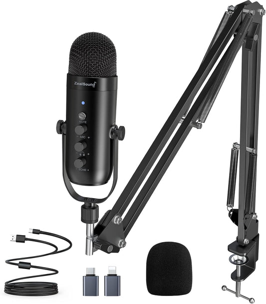 ZealSound K66 USB Microphone Set with Boom Arm - Professional Podcast Gaming Streaming Mic for UK Content Creators