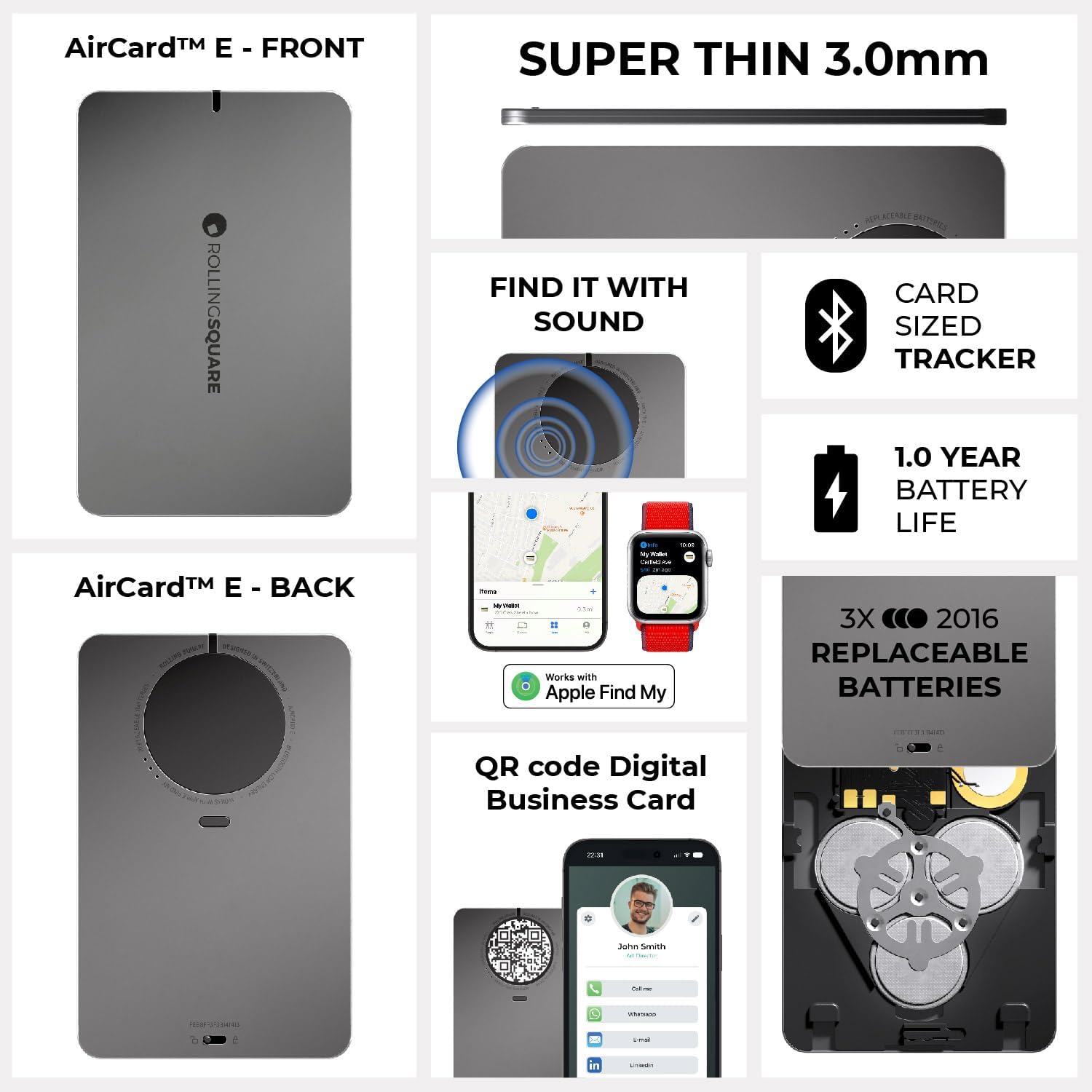Rolling Square AirCard E – Ultra Slim Bluetooth Tracker & QR Code Business Card | Compatible with Apple Find