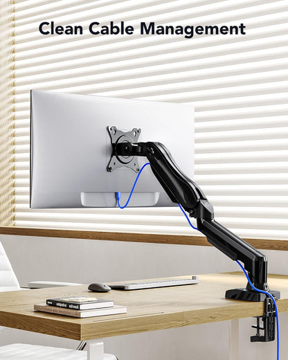 Single Monitor Arm Desk Mount | 13–32” Screens, Tool-Free Height Adjust, Tilt Swivel Rotate, VESA 75/100mm — Black