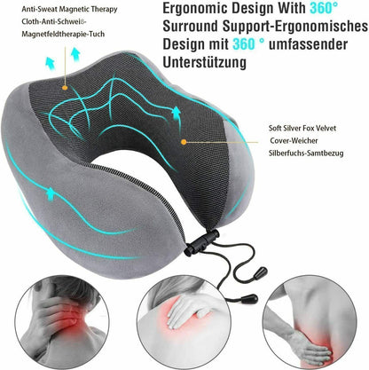 Memory Foam U-Shaped Travel Pillow – Neck Support Soft Headrest for Car Plane & Office – Includes Eye Mask Earplugs &