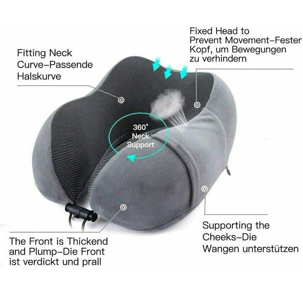 Memory Foam U-Shaped Travel Pillow – Neck Support Soft Headrest for Car Plane & Office – Includes Eye Mask Earplugs &