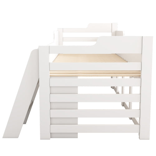 Kids Cabin Bed with Storage – 3ft Single (90×190cm) Mid Sleeper Bed Frame with Drawers & Shelves | White | UK