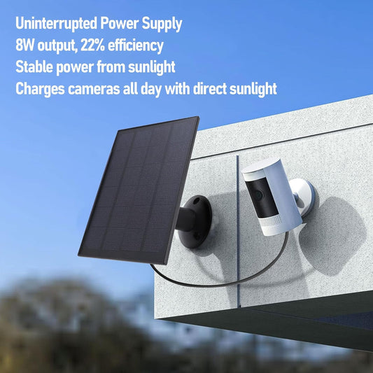 8W Solar Panel Charger for Security Cameras – Micro USB + USB‑C, 9.8ft Cable, 360° Adjustable Mount (Black)