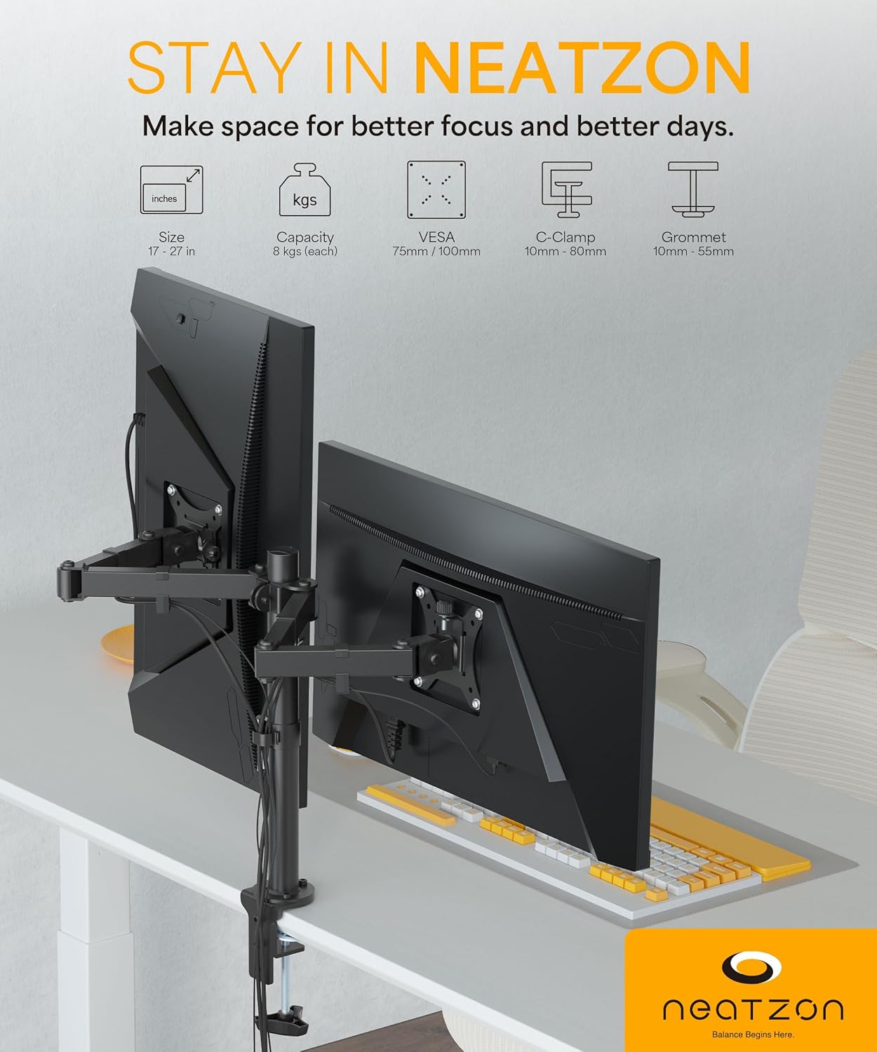 Dual 27" Monitor Arm Desk Mount – VESA Compatible, Up to 8kg per Arm, Cable Management (NZ‑ARM‑01)