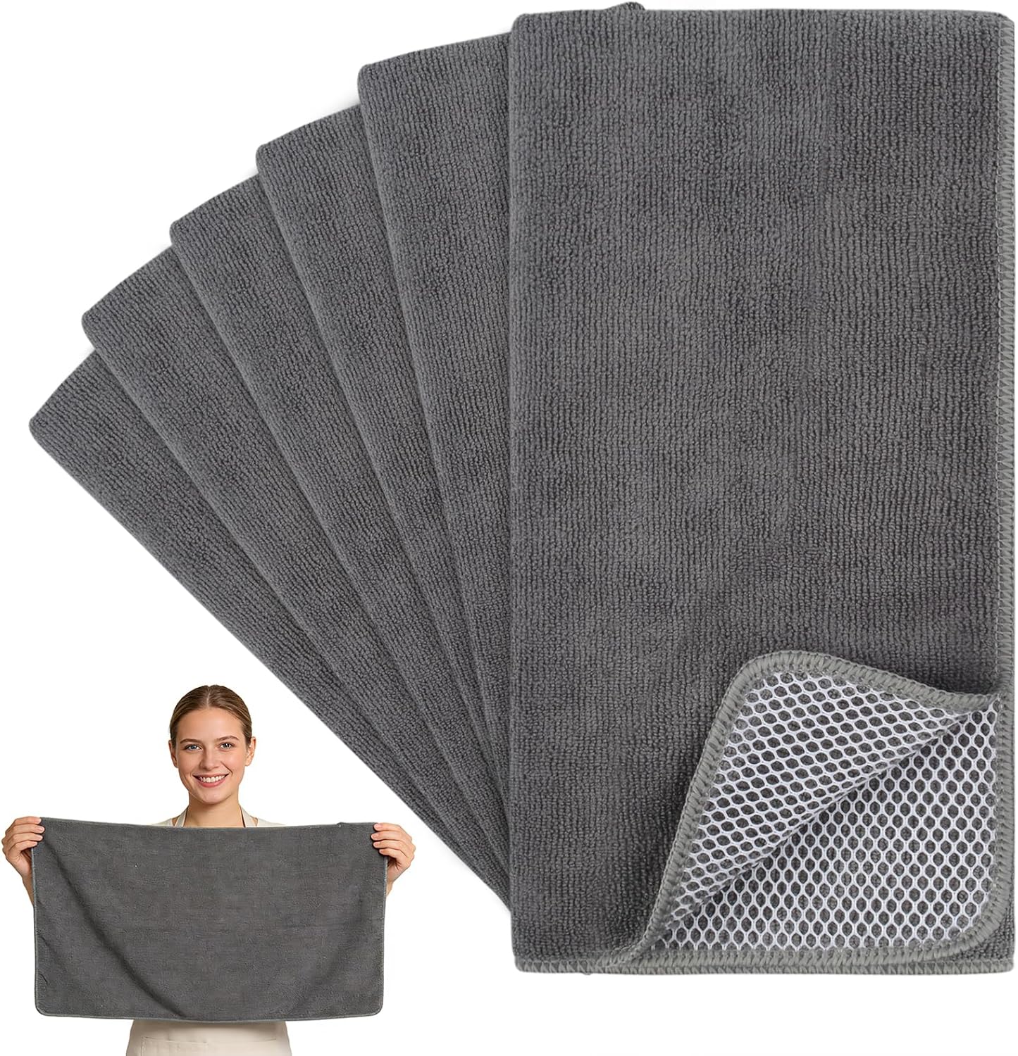 Microfibre Dish Cloths 6-Pack | Super Absorbent Quick-Dry Kitchen Cleaning Cloths with Scrubbing Side — 30 x 30 cm