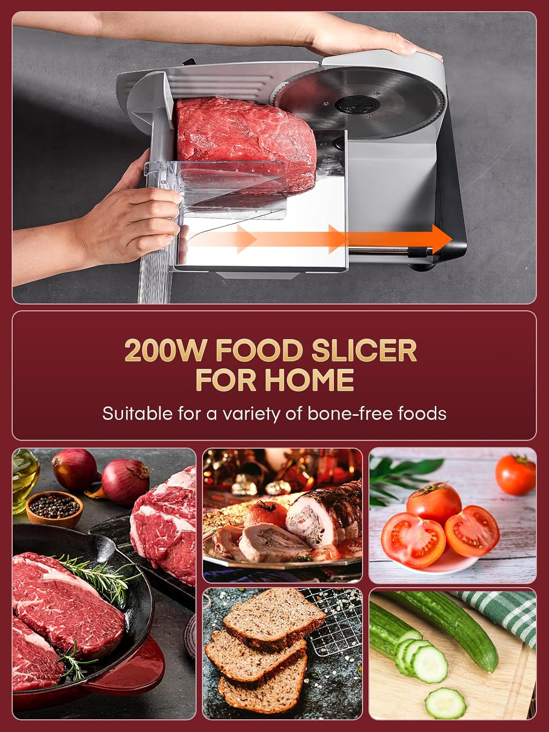 Fohere Electric Meat Slicer – 200W with 19cm Blade, 0–15mm Adjustable Thickness, Safety Pusher | Silver | UK