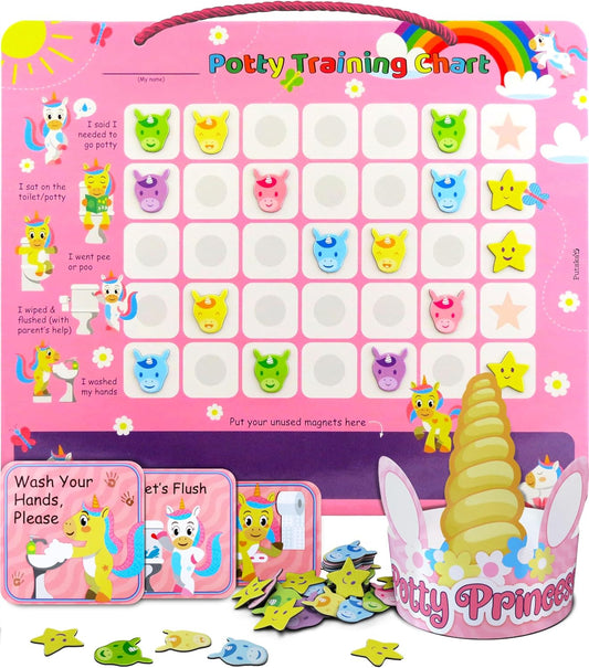 Putska Unicorn Potty Training Chart for Girls – Includes 35 Reusable Magnetic Stickers, Crown & Reward System – Toddler Toilet Training Reward Chart with 3 Reminder Stickers – Fun, Durable & Waterproof