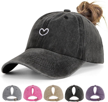 Women's Ponytail Baseball Cap | Vintage Washed Cotton, Adjustable High Bun Hat — Bow & Heart Designs