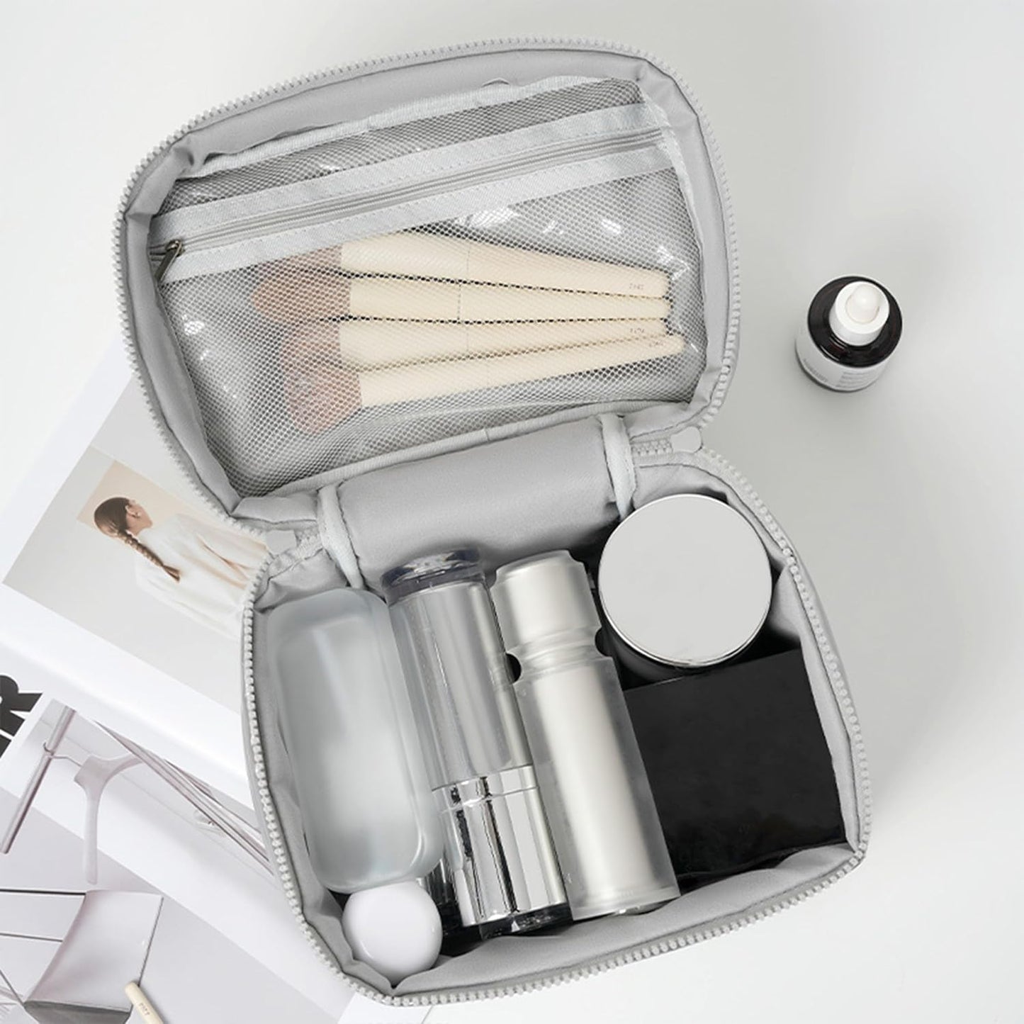 Prite Puffy Padded Makeup Bag – Waterproof Quilted Cosmetic Travel Toiletry Bag | Silver | UK