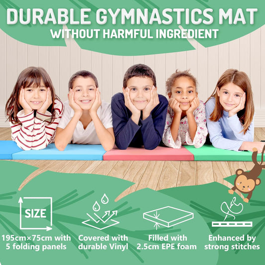 5 Panel Folding Gymnastics Tumbling Mat – 195 × 75 × 2" Exercise Mat with Carry Handles