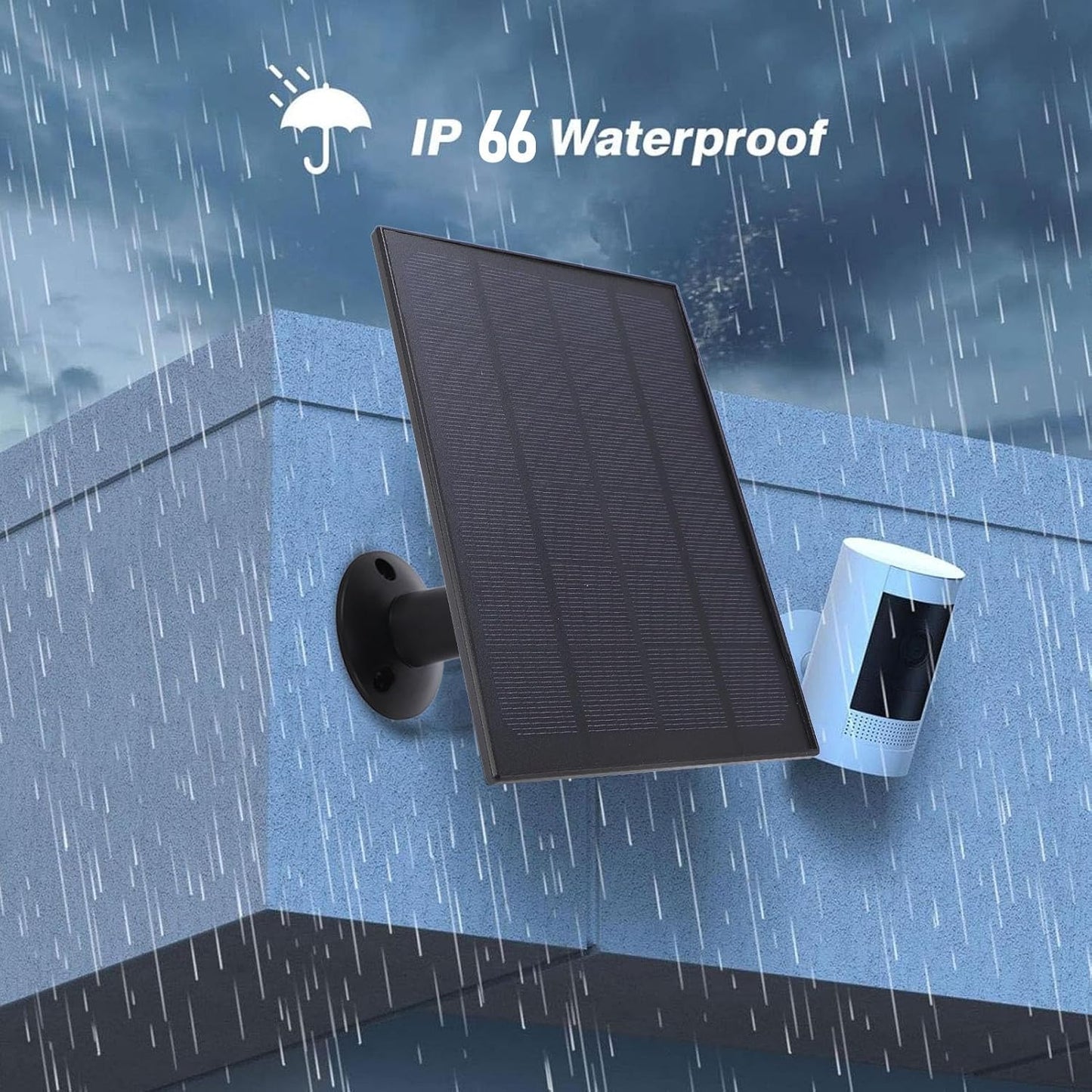 8W Solar Panel Charger for Security Cameras – Micro USB + USB‑C, 9.8ft Cable, 360° Adjustable Mount (Black)