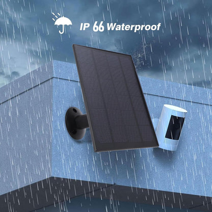 8W Solar Panel Charger for Security Cameras – Micro USB + USB‑C, 9.8ft Cable, 360° Adjustable Mount (Black)