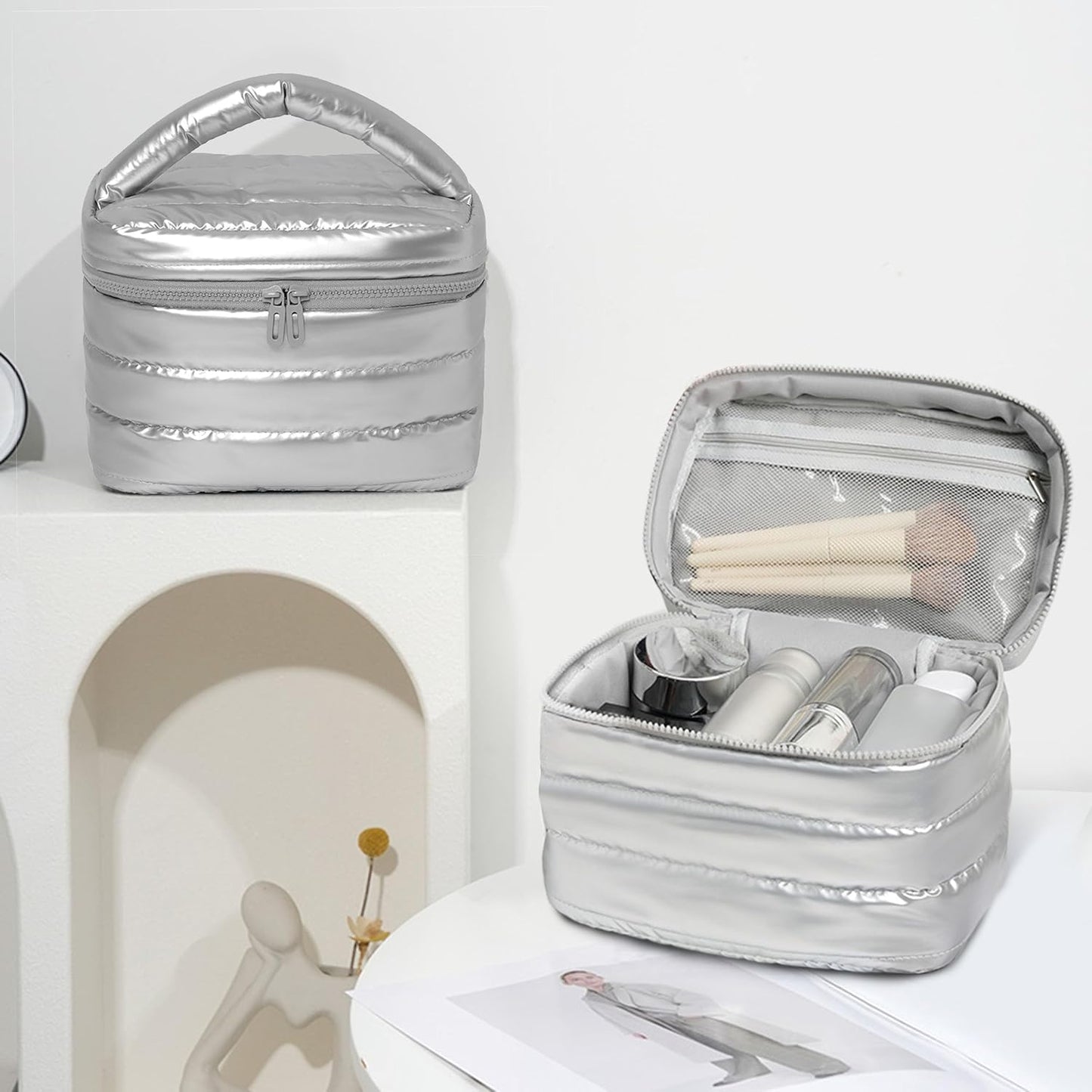 Prite Puffy Padded Makeup Bag – Waterproof Quilted Cosmetic Travel Toiletry Bag | Silver | UK