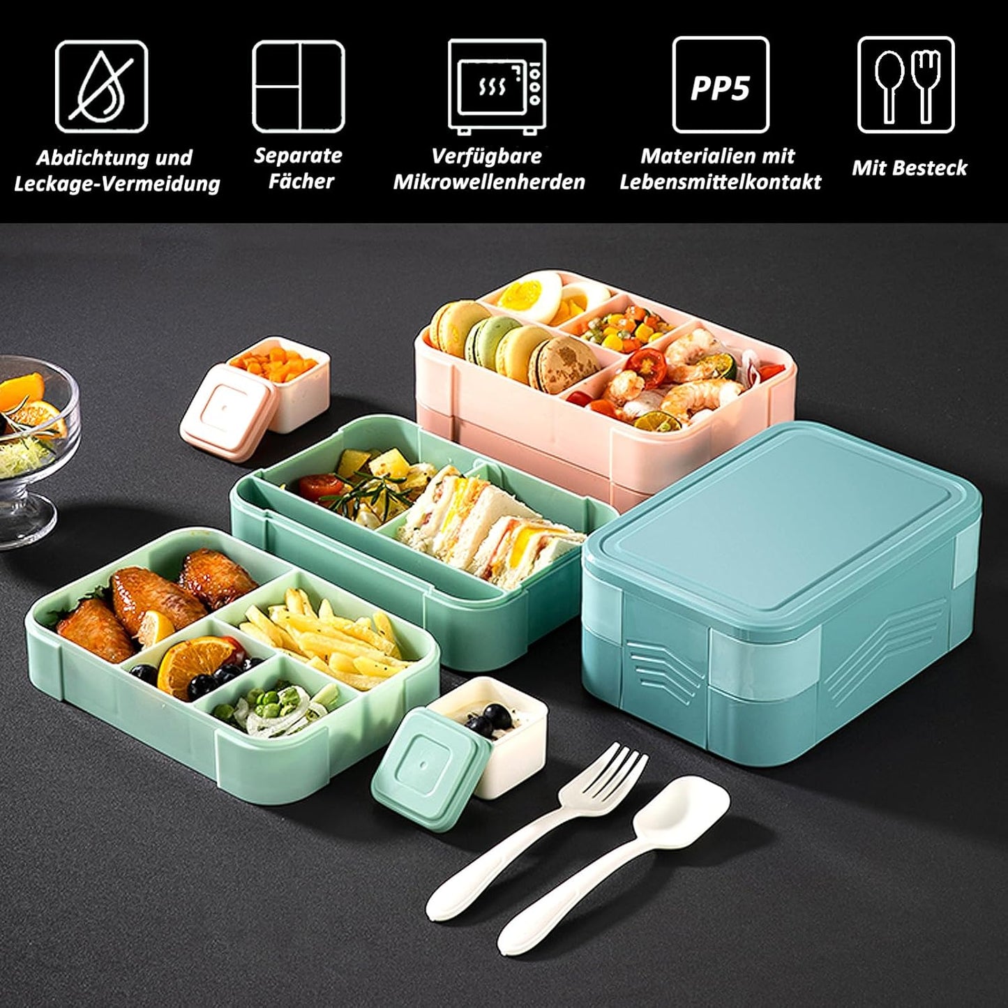 CALIYO 1550ml Leak-Proof Bento Lunch Box - BPA-Free Compartment Food Container with Utensils for UK Adults & Children