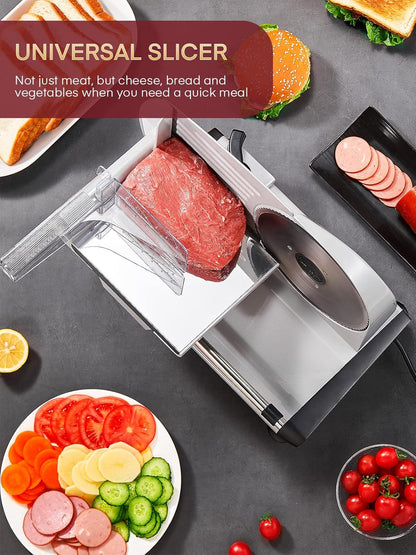 Fohere Electric Meat Slicer – 200W with 19cm Blade, 0–15mm Adjustable Thickness, Safety Pusher | Silver | UK