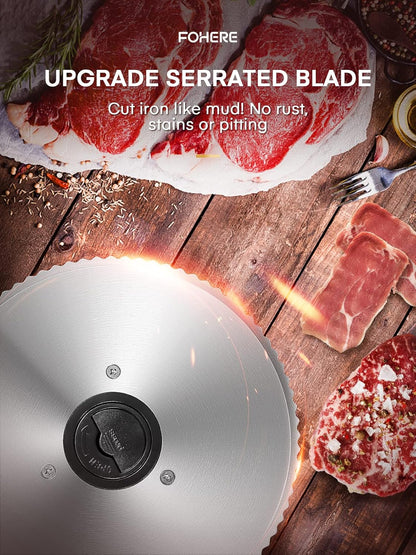 Fohere Electric Meat Slicer – 200W with 19cm Blade, 0–15mm Adjustable Thickness, Safety Pusher | Silver | UK