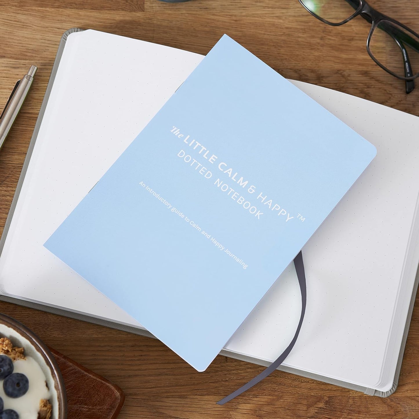 The Little Calm and Happy™ Dotted Notebook | 160-Page Hardcover Dot Grid Journal | 120gsm, Elastic Closure, Ribbon Bookmark, Back Pocket, Introductory Journaling Guide | Blue | Vegan