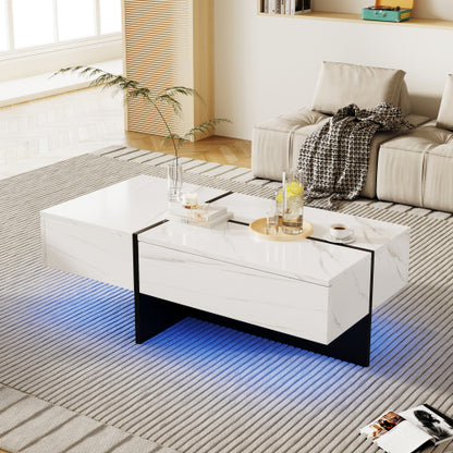 High‑Gloss Coffee Table – White Marble‑Effect Top with Black Risers + App‑Controlled LED Lights