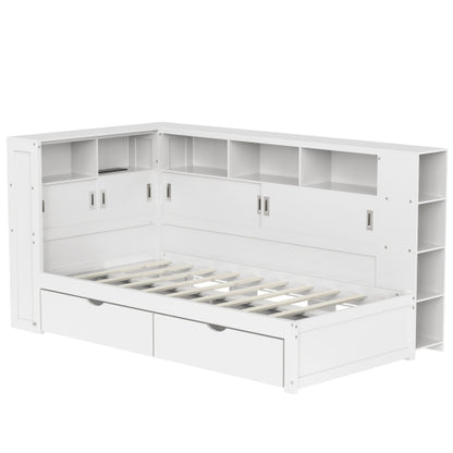 Single Platform Bed with L-Shape Wrap-Around Storage, Pull-Out Trundle & Integrated UK Mains Sockets + USB Charging | 3ft (90×190cm) | White