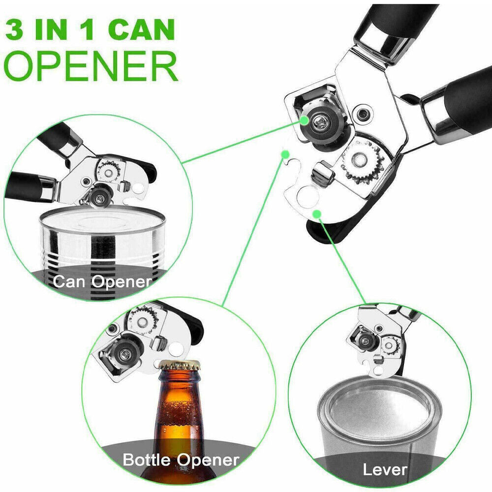 Heavy Duty Stainless Steel Tin Can Opener Cutter – Easy Comfy Handle Grip – 3-in-1 Kitchen Tool