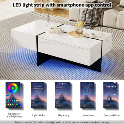 High‑Gloss Coffee Table – White Marble‑Effect Top with Black Risers + App‑Controlled LED Lights