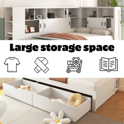 Single Platform Bed with L-Shape Wrap-Around Storage, Pull-Out Trundle & Integrated UK Mains Sockets + USB Charging | 3ft (90×190cm) | White