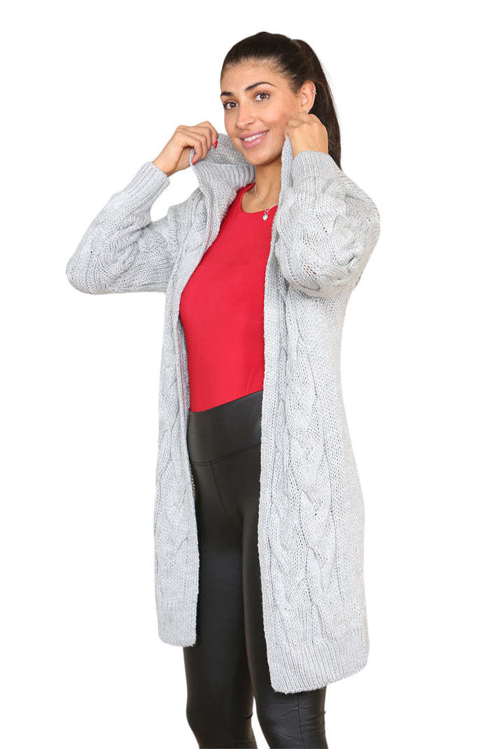 Knitted Cables Hooded Long Oversized Cardigan - Italian Made Women's Cozy Knitwear | UK Fashion