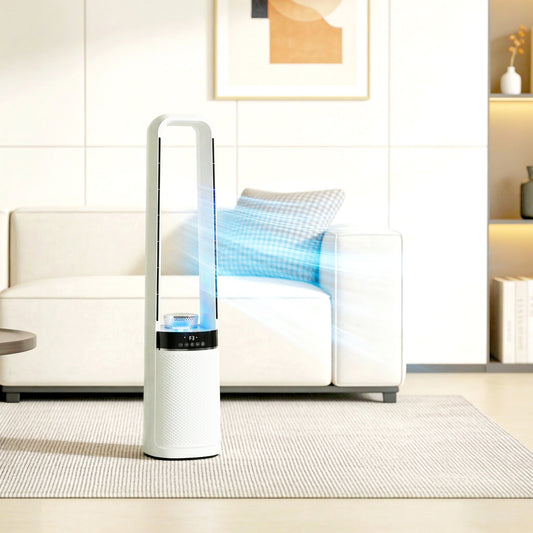 HOMCOM 93cm Bladeless Tower Fan with LED Mood Light | 36dB, 6m/s, 45° Oscillation, 12H Timer, Remote — White