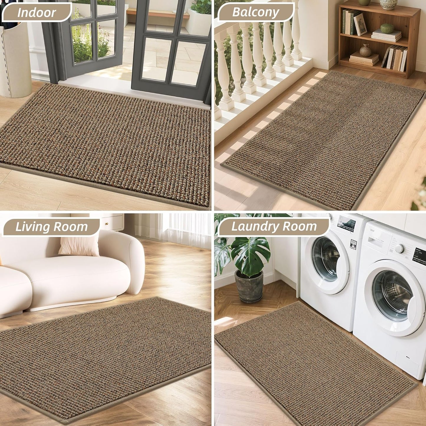 Beqhause Indoor Doormat 60×90cm – Washable Non‑Slip Low Profile Dirt Trapper Entrance Mat (Beige)