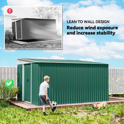 Outsunny 11.3 x 9.2ft Metal Garden Storage Shed | Green Tool & Bike Store