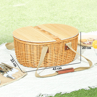 Wicker Picnic Basket for 2 | Hamper with Cooler, Cutlery & Pine Lid | Light Brown