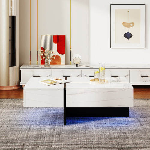 High‑Gloss Coffee Table – White Marble‑Effect Top with Black Risers + App‑Controlled LED Lights