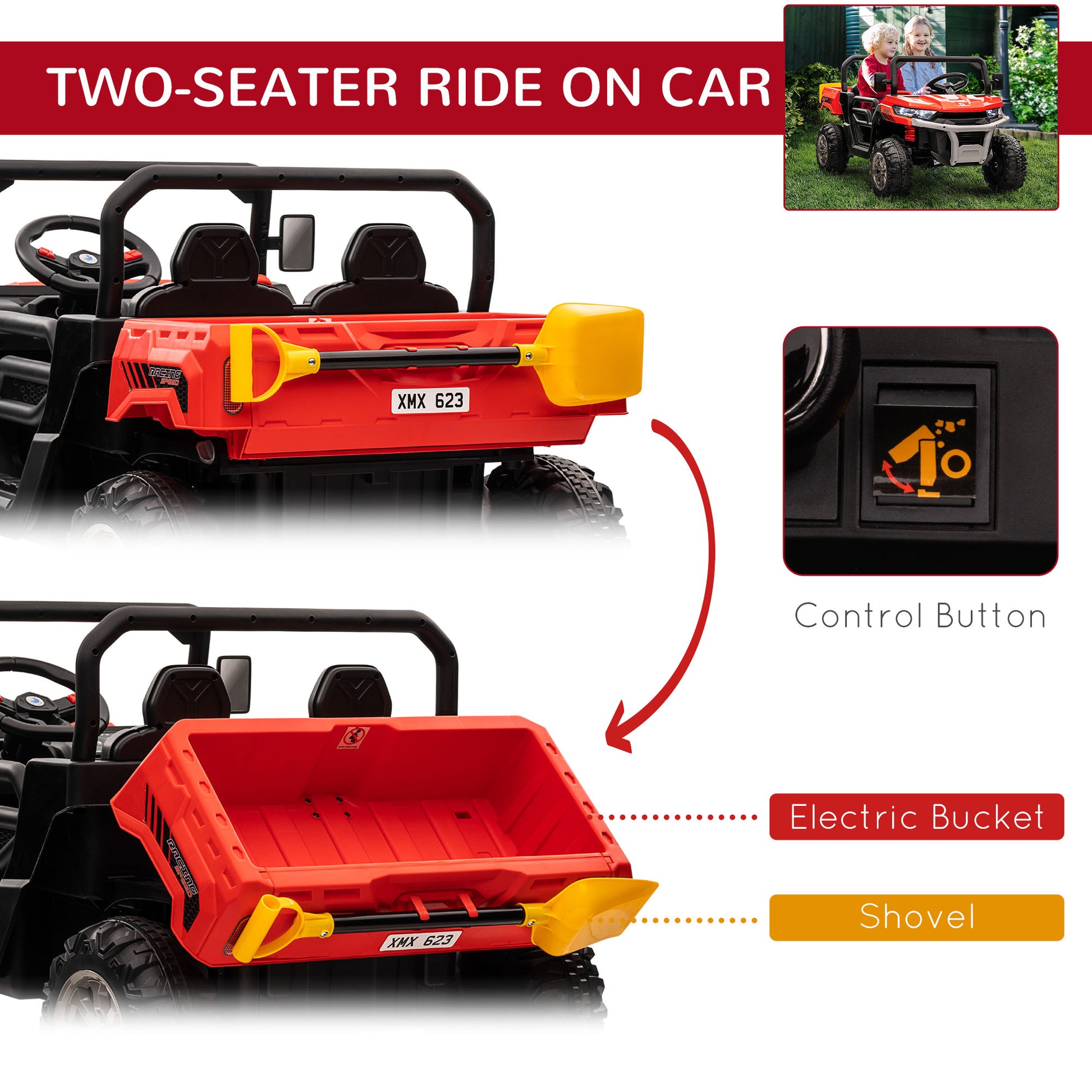 HOMCOM 12V two-seater kids ride-on car in red - product view 4