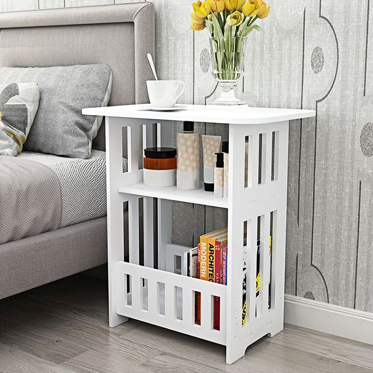 Small Bedside Table Cabinet – Side Coffee Table with Storage Rack | Slim, 2-Tier Design for Bedroom, Living Room, Bathroom