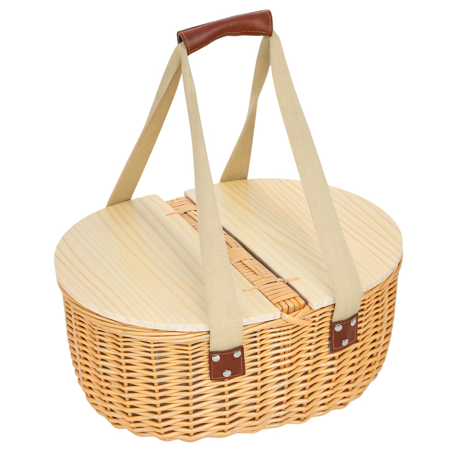 Wicker Picnic Basket for 2 | Hamper with Cooler, Cutlery & Pine Lid | Light Brown