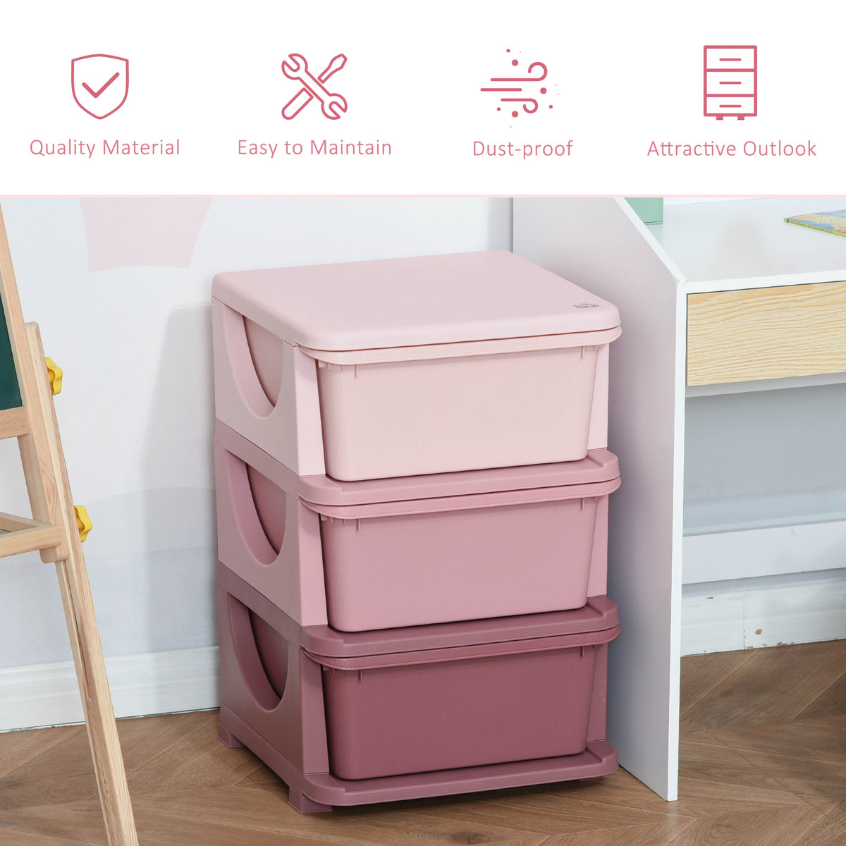 HOMCOM 3 Drawers Plastic Kids Storage Units, 3 Tier Children Toy Chest for Nursery, Playroom, Bedroom, Pink