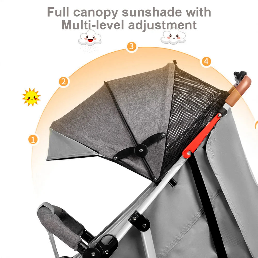 GerTong Lightweight Foldable Baby Stroller | One-Click Fold, Sit & Recline, Mosquito Net & Accessories Included — Black