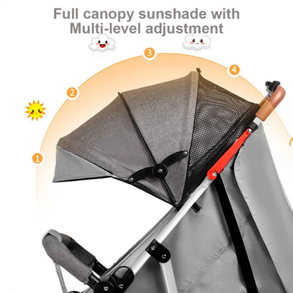 GerTong Lightweight Foldable Baby Stroller | One-Click Fold, Sit & Recline, Mosquito Net & Accessories Included — Black