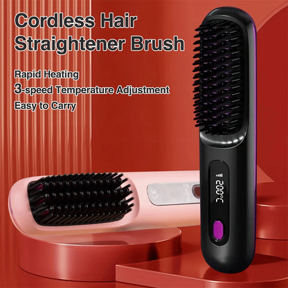 Electric Hair Straightener Brush – Portable USB‑Rechargeable Fast‑Heating Straightening Comb | Travel Hair Styling Tool | UK