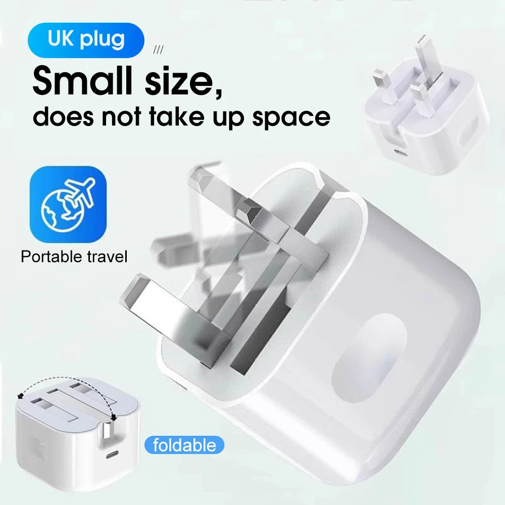 PD 20W Fast Charger with Lightning Cable - Foldable Phone Adapter for iPhone 14/13/12/11 Pro Max & iPad UK