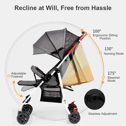 GerTong Lightweight Foldable Baby Stroller | One-Click Fold, Sit & Recline, Mosquito Net & Accessories Included — Black